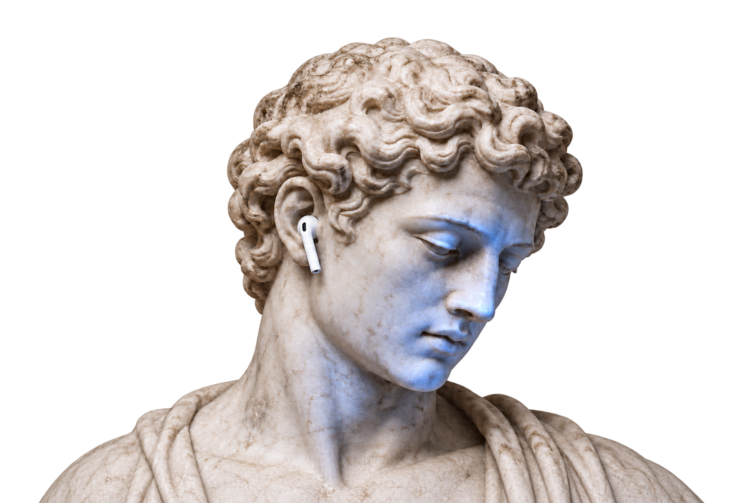 A marble statue wearing a wireless earbud